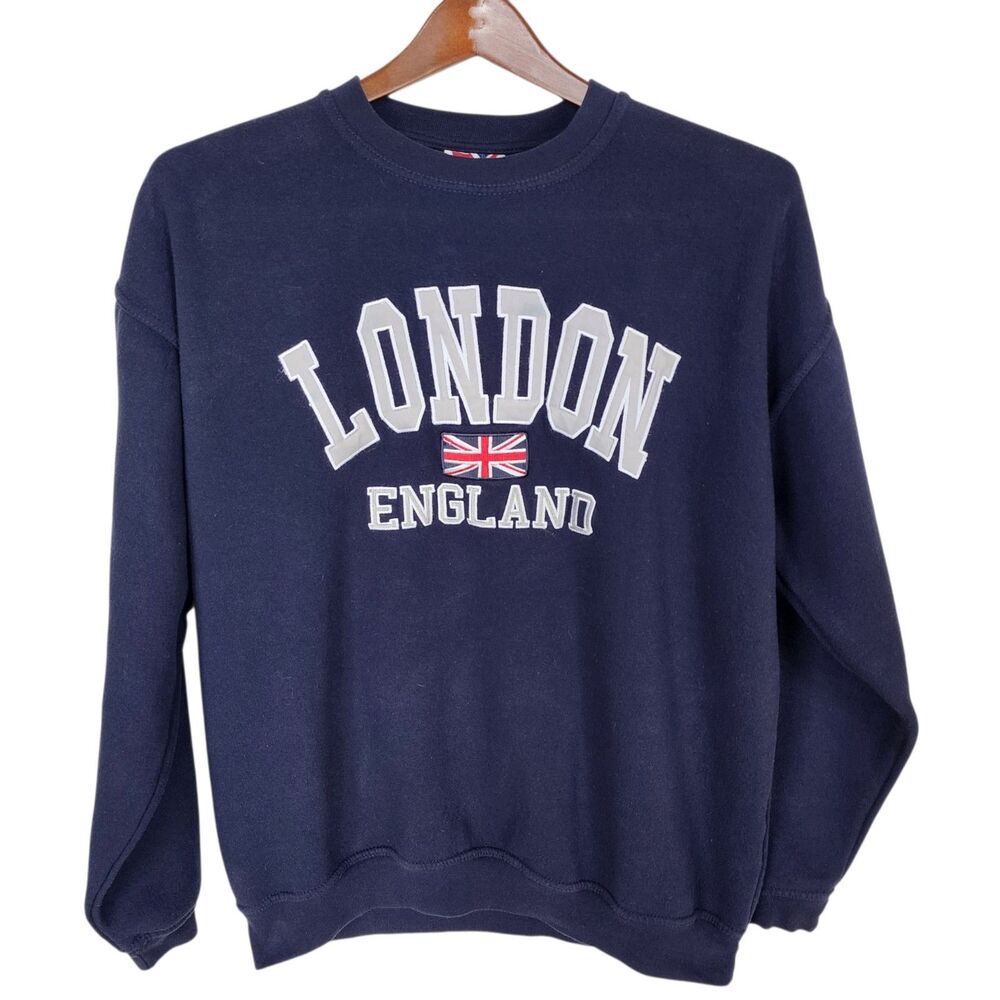 London England Embroidered Fleece Sweatshirt Navy Blue Crewneck Men's Size Large